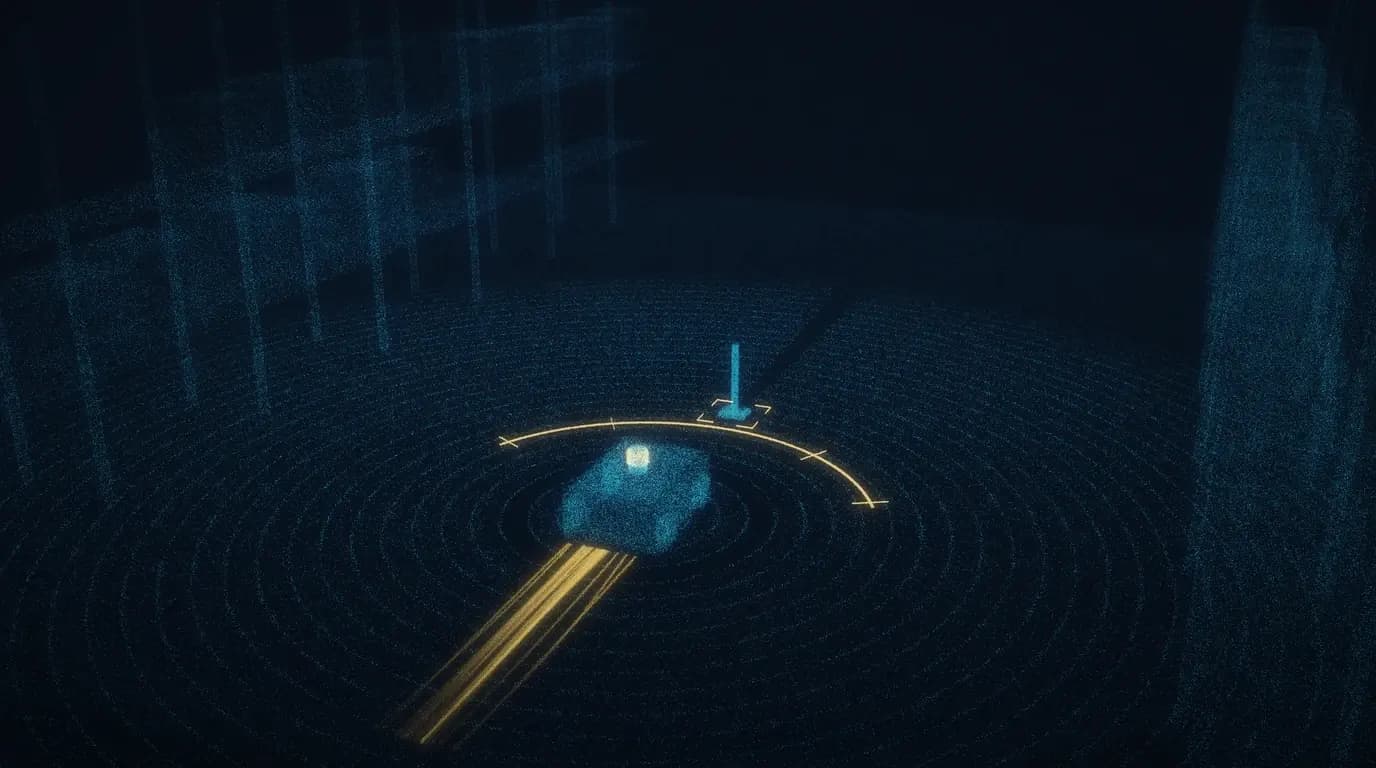 AMR on a test run inside a warehouse point cloud, its protective field arc and a bracketed obstacle marked