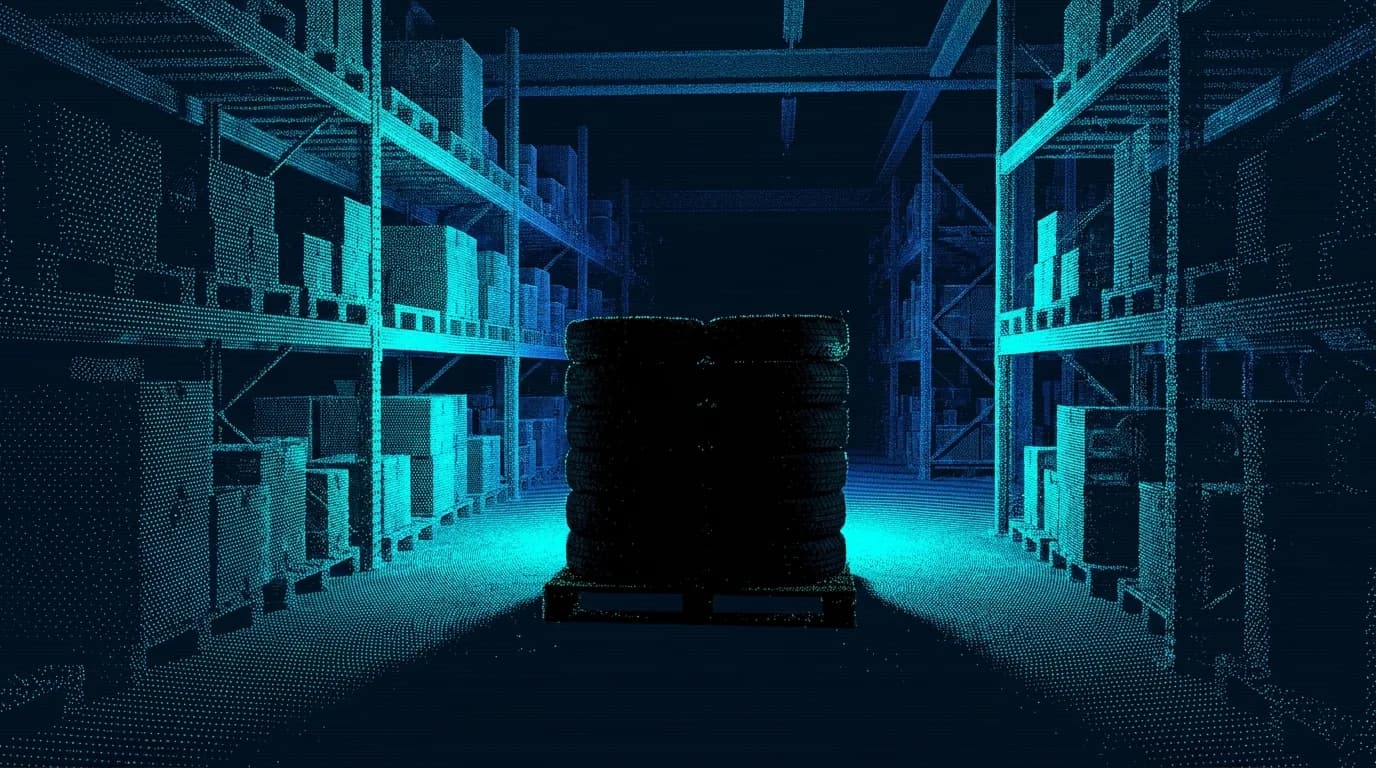 LiDAR point cloud of a warehouse aisle with a void where a dark rubber pallet sits