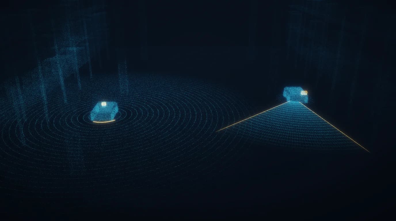 Rotating LiDAR sweeping 360-degree scan rings beside a solid-state unit projecting a fixed forward fan